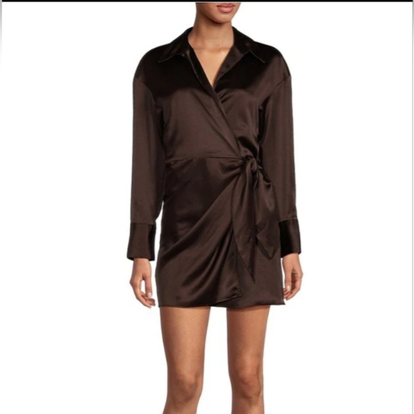 NWT Gianni Bini Avery Long Sleeve Satin Wrap Dress: Chocolate: Size- 10 & 14 - Picture 1 of 15